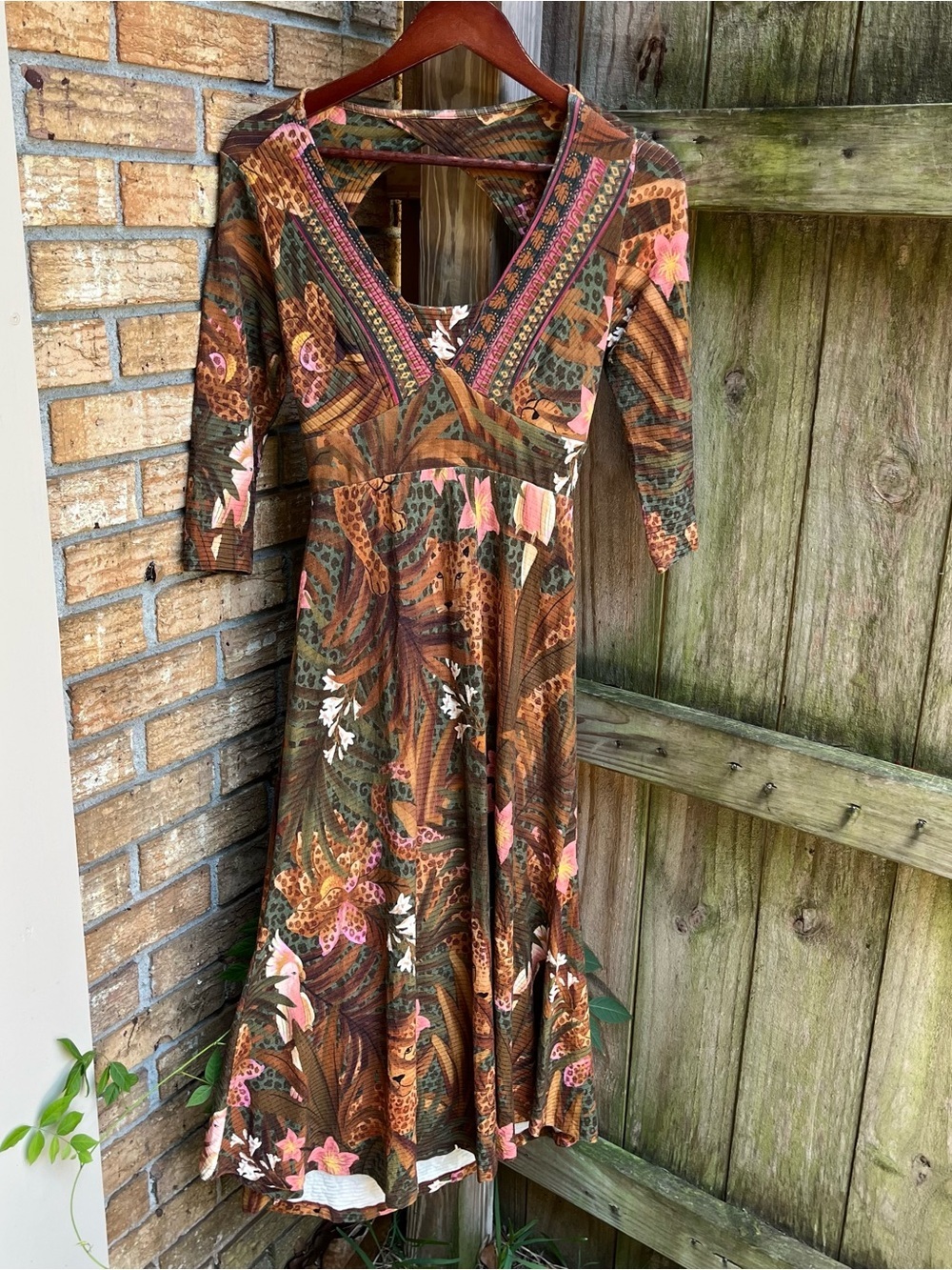 FARM Rio Olive and Rust Floral Jungle V‑Neck Midi Dress